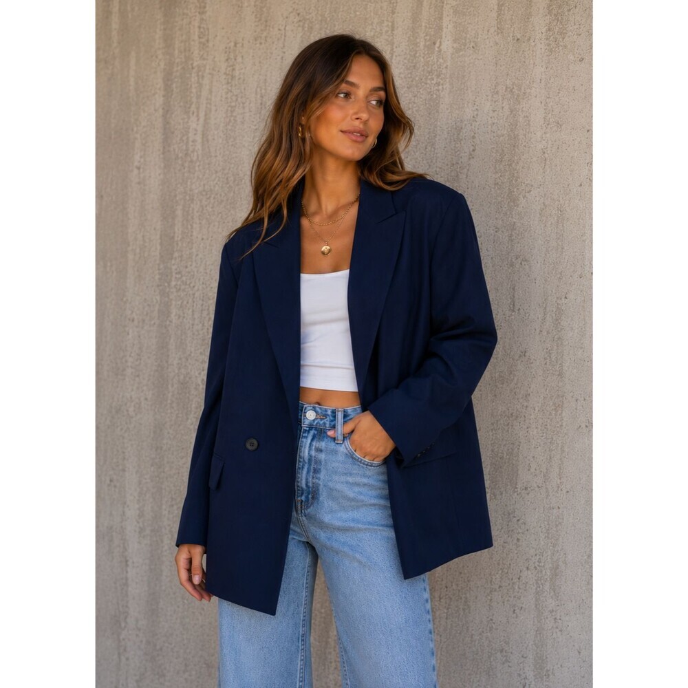 NWT Zara Navy Blue Oversized Big Shoulder Blazer Minimalist Quiet Luxury Size XL